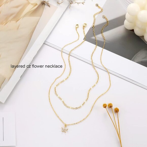 Tewiky Diamond Necklaces Layered Flower & CZ Trendy Gold Jewelry Gifts - Picture 3 of 4